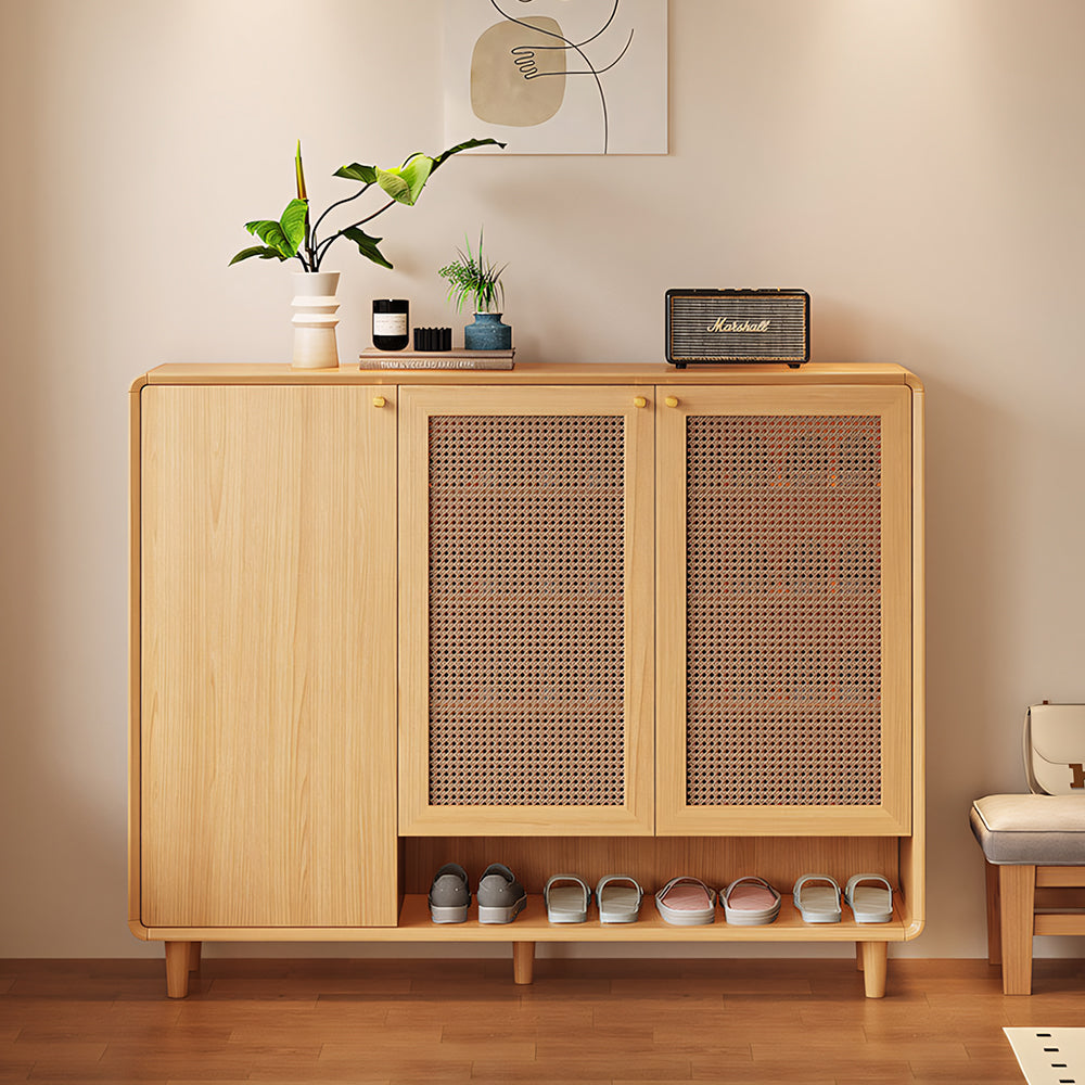 Mid-Century Rattan Shoe Cabinet with 2 Doors Walnut Wood Entryway Storage Organizer with Open Shelf