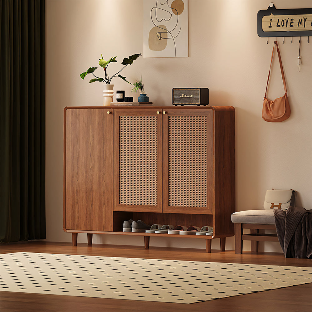 Mid-Century Rattan Shoe Cabinet with 2 Doors Walnut Wood Entryway Storage Organizer with Open Shelf