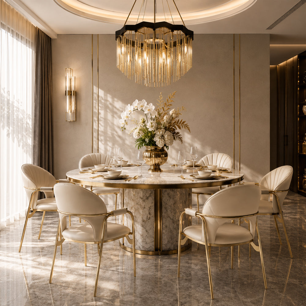 Modern Upholstered Dining Chair Set of 2 with Gold Stainless Steel Frame and Curved Backrest
