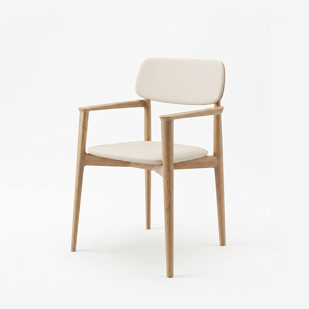 Natural Oak Frame Linen Faux Leather Armrest Nordic Dining Chair 1 Piece