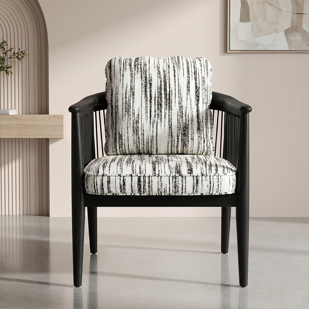 Modern Black Wooden Dining Chair with Armrests Minimalist Striped Upholstered Dining Armchair 1 Piece