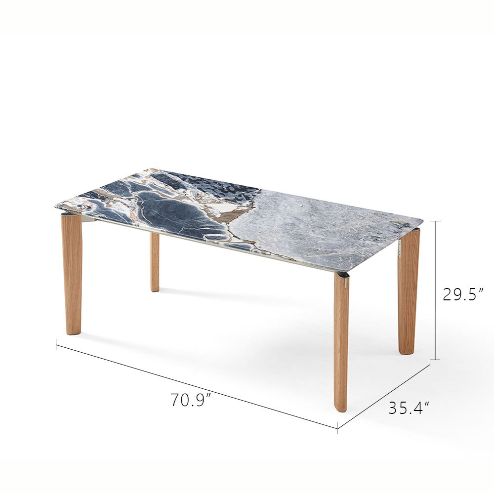 70.9" Coastal Rectangular Ocean Storm Marble Dining Table Solid Ash Wood Tapered Legs