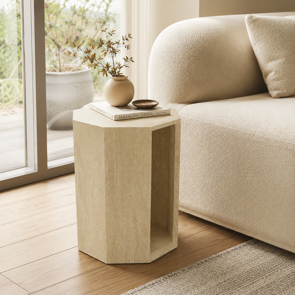 Raw Mineral Grain Natural Travertine Hollow End Side Table