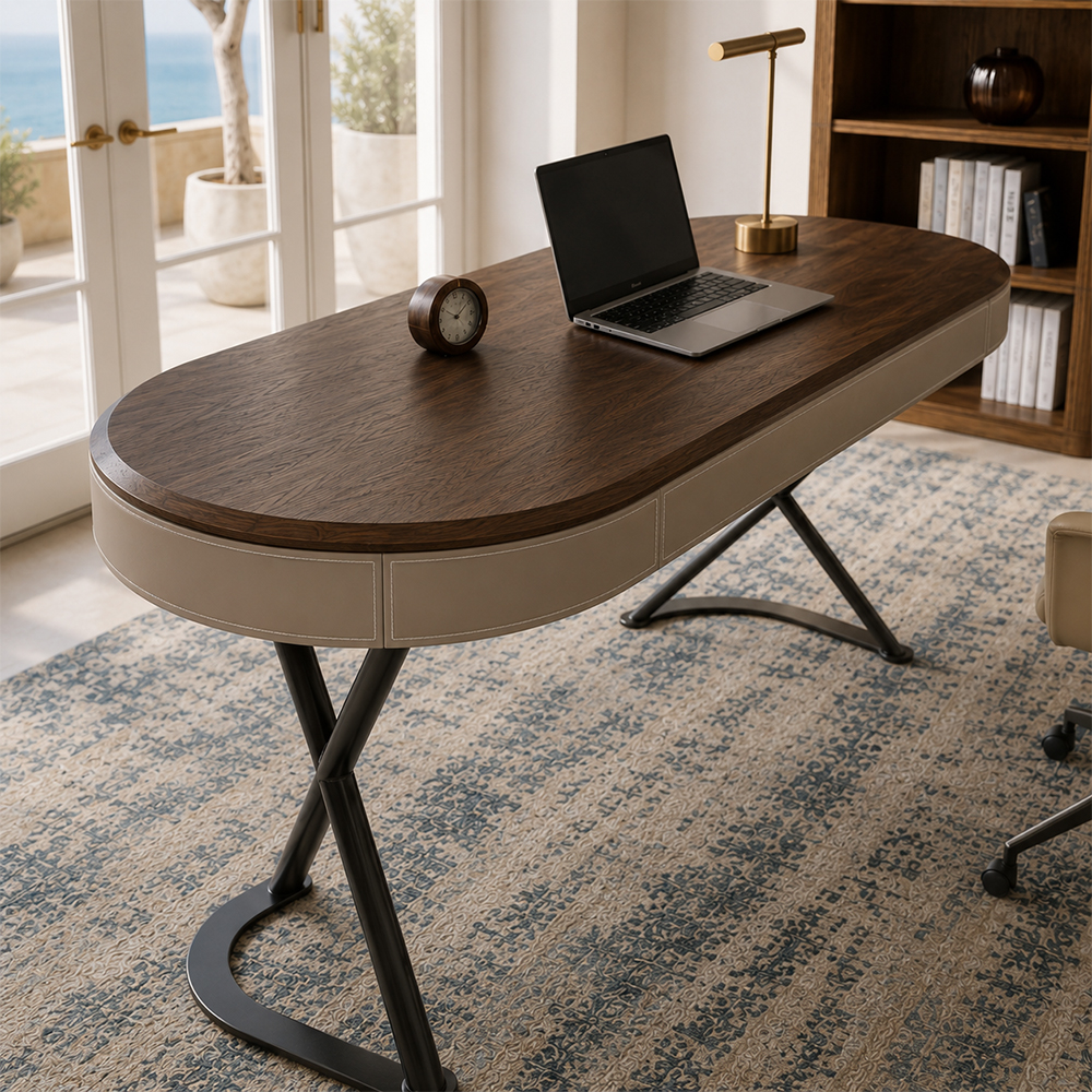 Curved Leather Trim Edge Solid Wood Stainless Steel Office Desk