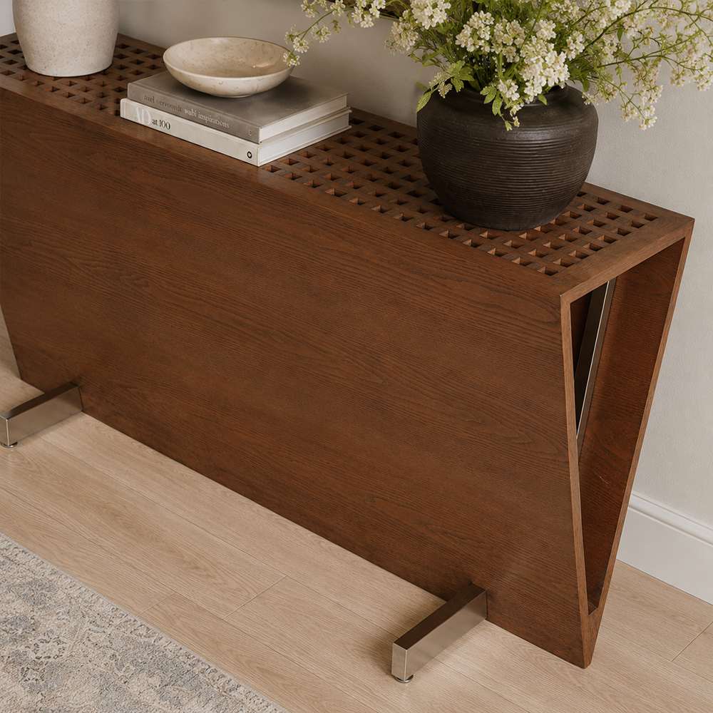 Ash Wood Veneer Trapezoid Shape Console Table