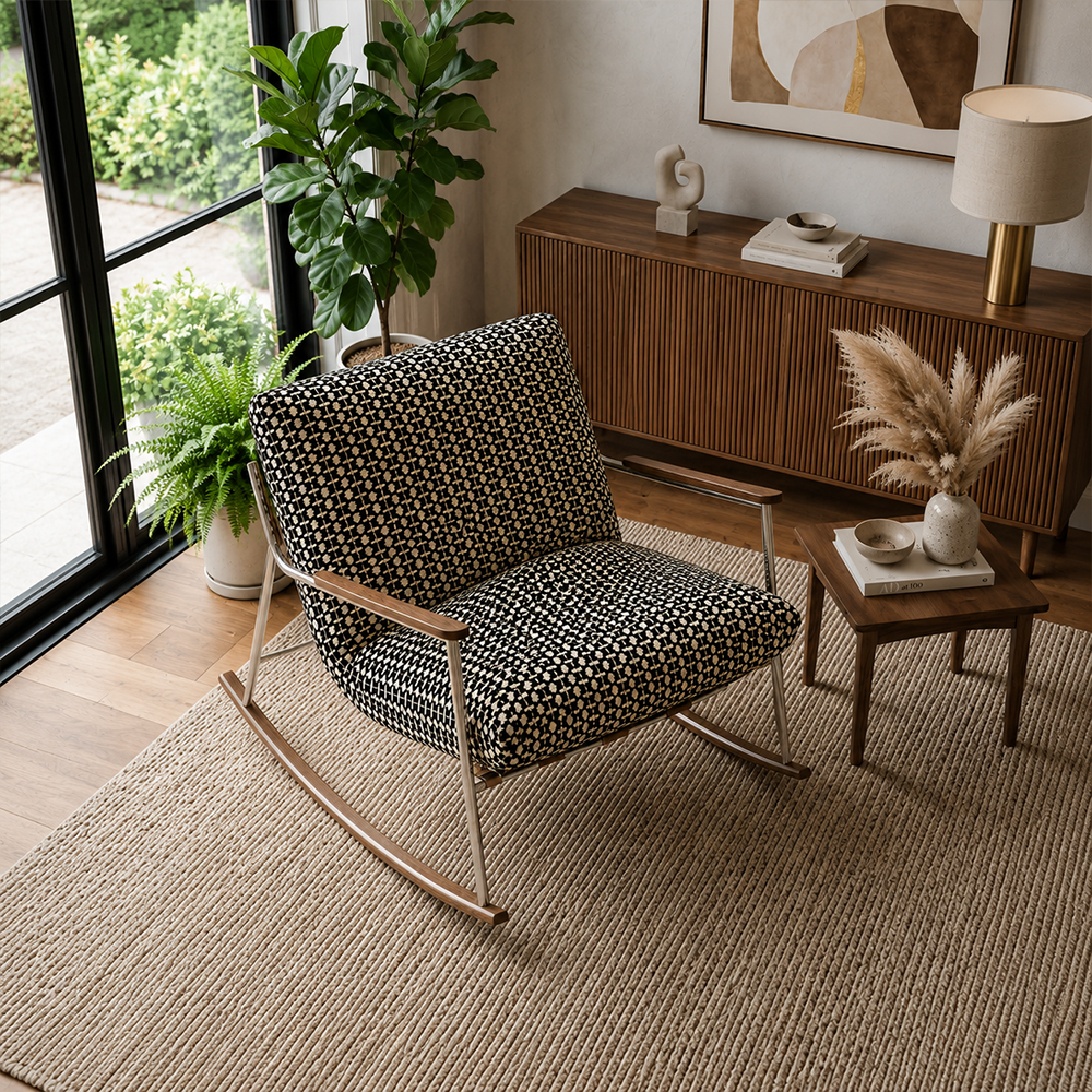 Geometric Woven Fabric Stainless Steel Wood Arm Rocking Accent Chair