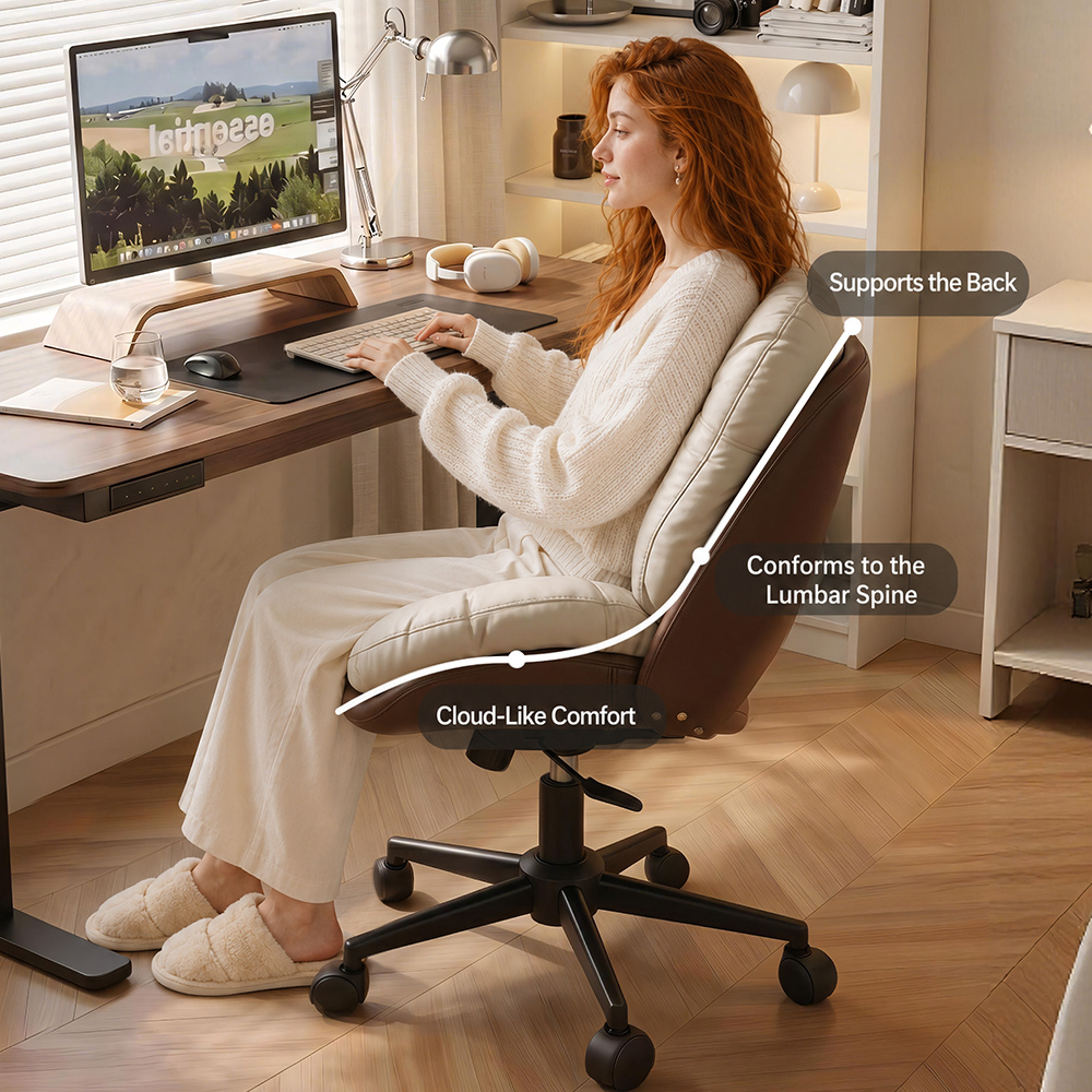 Modern Cream & Brown Tufted Swivel Office Chair with Rolling Base