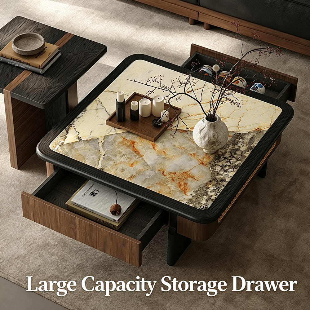 Wabi Sabi Sintered Stone Walnut Veneer Nesting Coffee Table Set