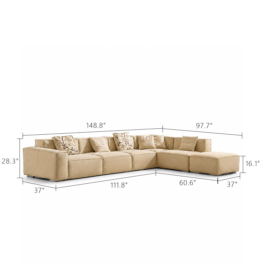 148.8“ Wabi Beige Linen Modular Sofa 3 Armless Seats Corner Footstool Set