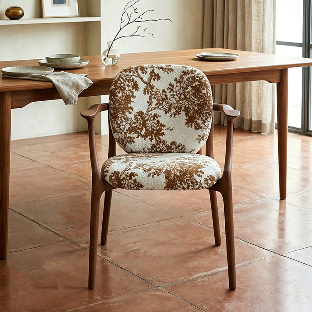 Tree Print Fabric Curved Solid Walnut Arm Mid Century Dining Chair 1 Piece