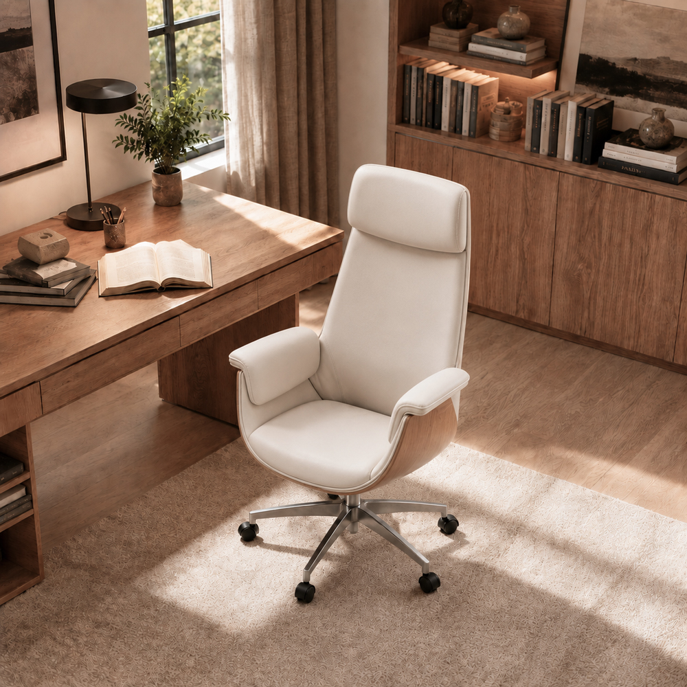 Cream PU Leather Executive Office Chair with Aluminum Base
