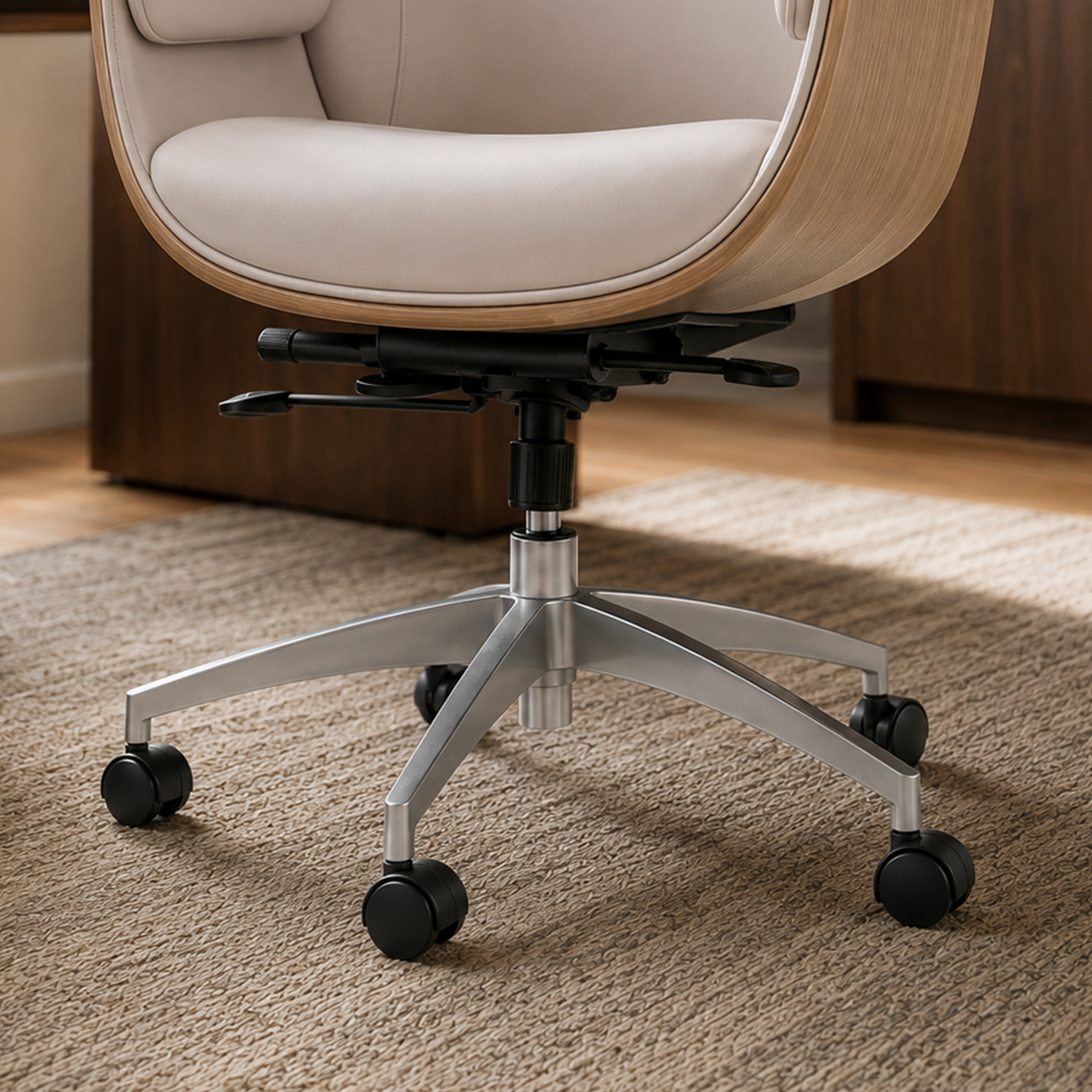Cream PU Leather Office Chair with Dual-Function Tilt Mechanism