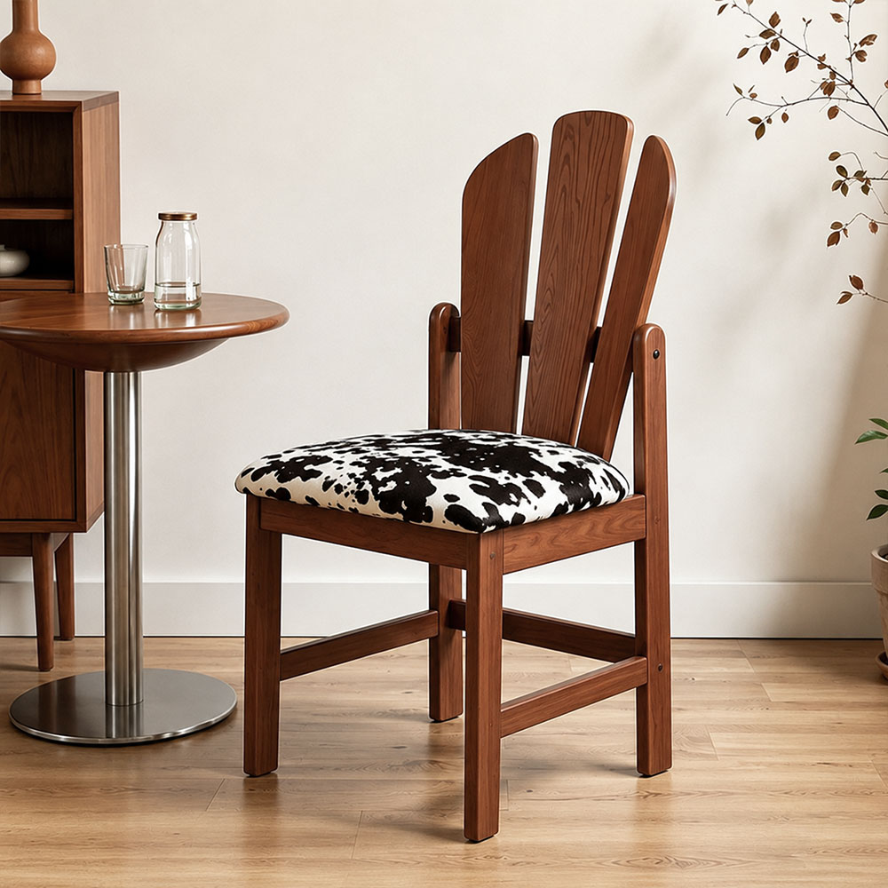 Three Slat Curved Back Solid Wood Printed Fabric Dining Chair 1 Piece