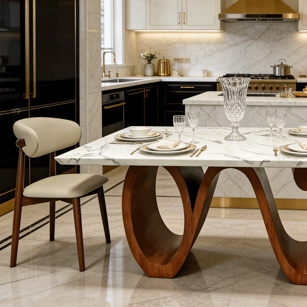 Modern Sintered Stone Dining Table with Sculptural Solid Wood Base Kitchen Table for 6