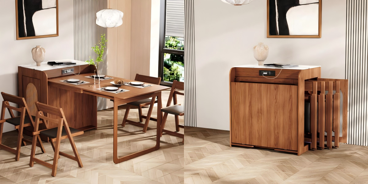 Freestanding cabinet Murphy dining table shown in open dining mode, featuring a solid wood cabinet base and fold-out tabletop with chairs, designed for flexible dining in modern homes.