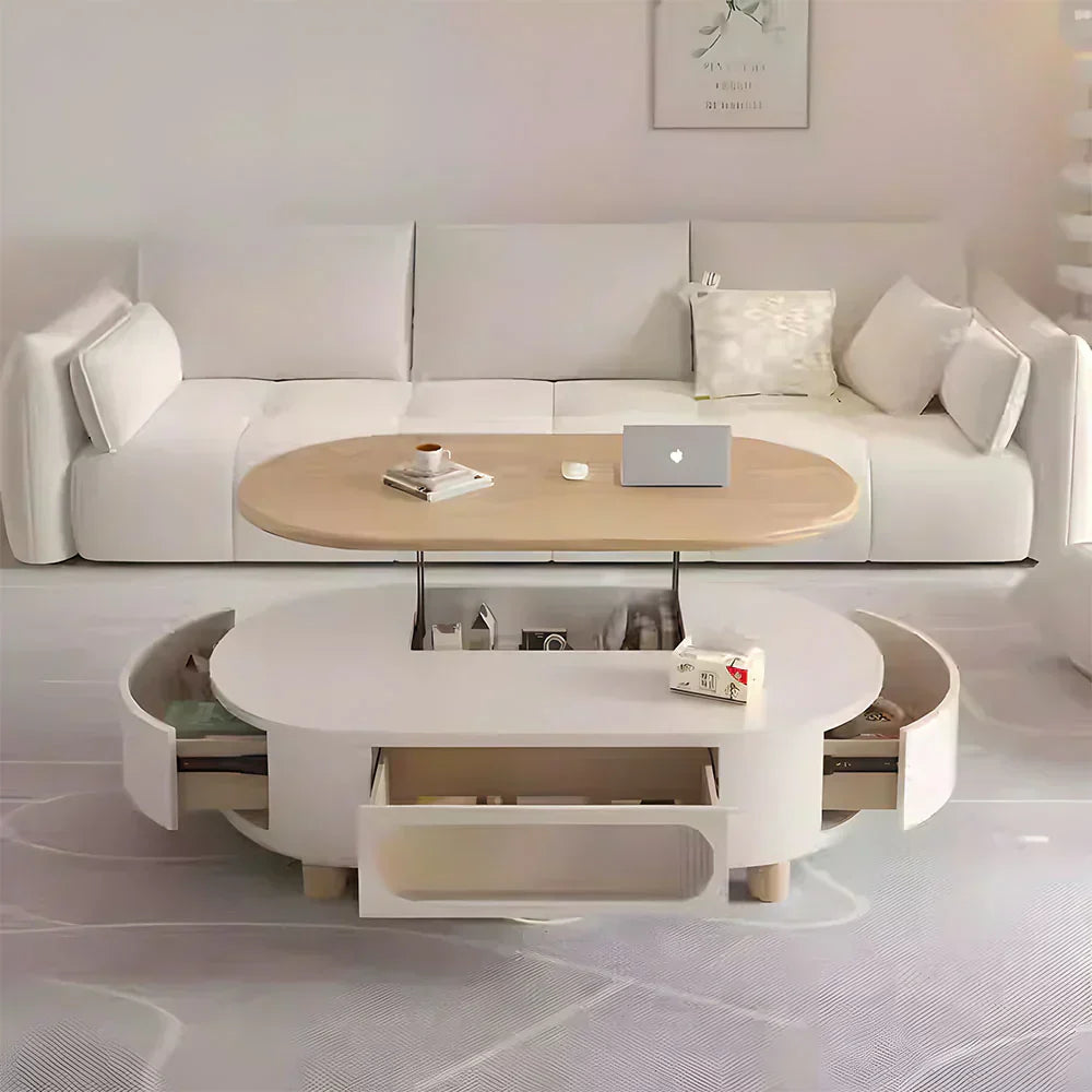 Lift-top multifunctional coffee table with a raised wood tabletop, hidden storage compartment, and adjustable inner platform, shown in a bright living room as a dining, work, and coffee table solution.