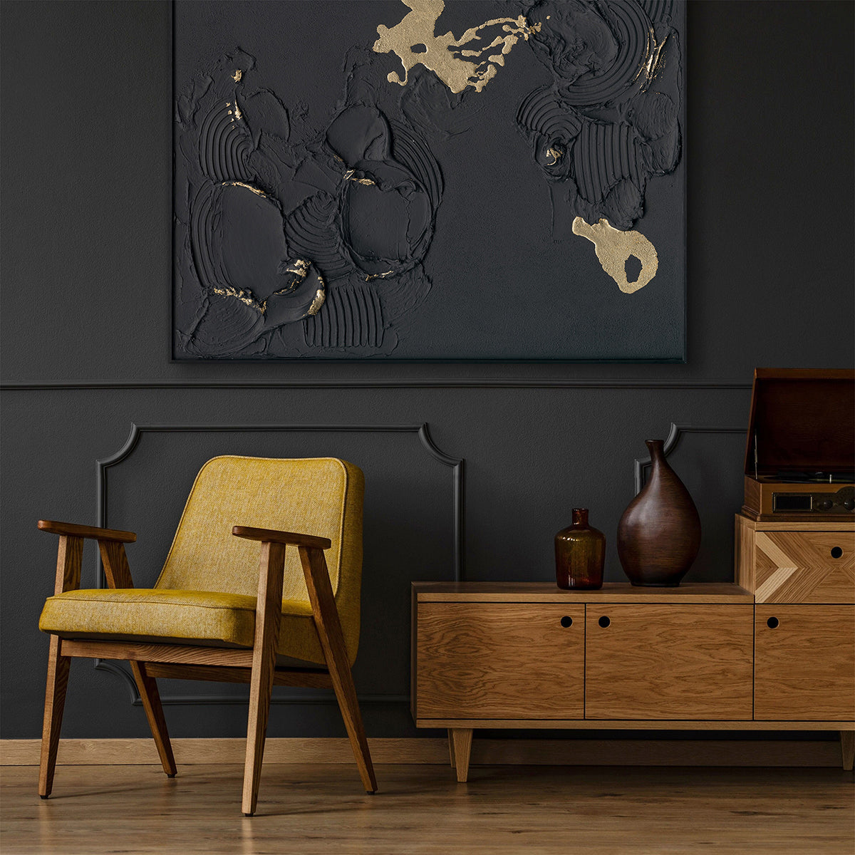 Handmade Abstract Wall Art – Black Textured Painting with Gold Accents