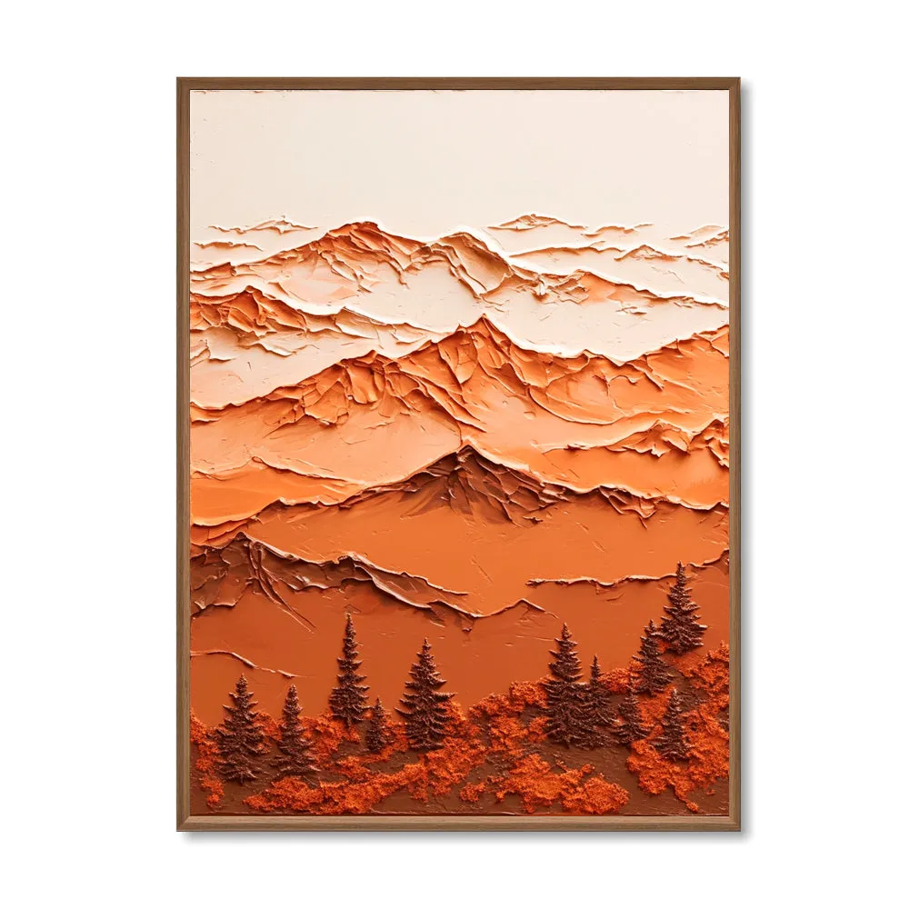 Majestic Mountain Serenity – Abstract Texture Landscape in Warm Earth Tones, Layered Peaks and Forest Elements