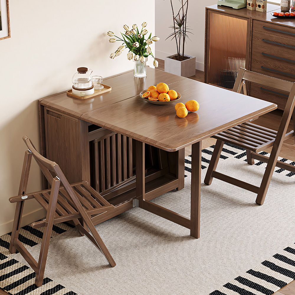 Space-Saving Folding Dining Table with Built-In Chair Storage and Wood Grain Finish