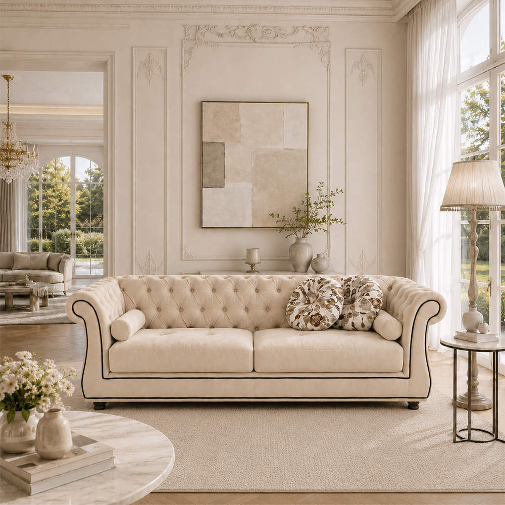 Cream Matte Frosted Fabric Chesterfield Three Piece Sofa Set
