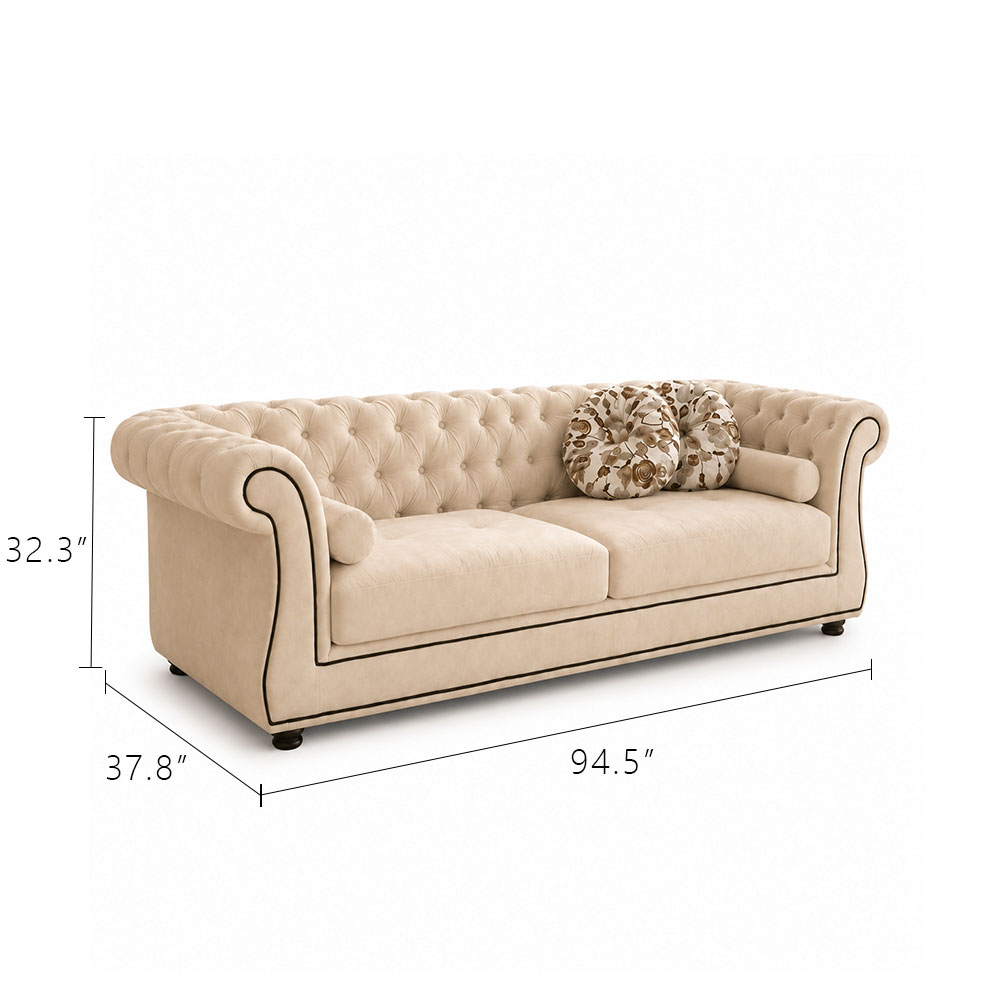 Cream Matte Frosted Fabric Chesterfield Three Piece Sofa Set