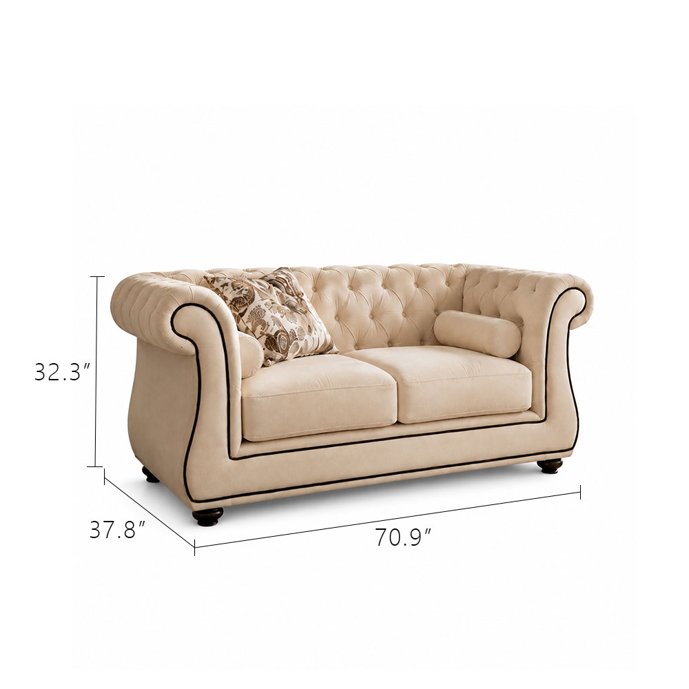 Cream Matte Frosted Fabric Chesterfield Three Piece Sofa Set