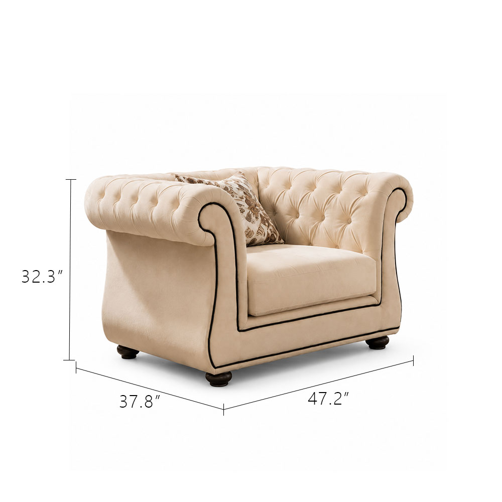 Cream Matte Frosted Fabric Chesterfield Three Piece Sofa Set