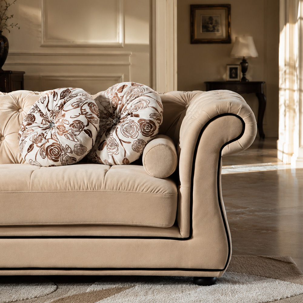 Cream Matte Frosted Fabric Chesterfield Three Piece Sofa Set