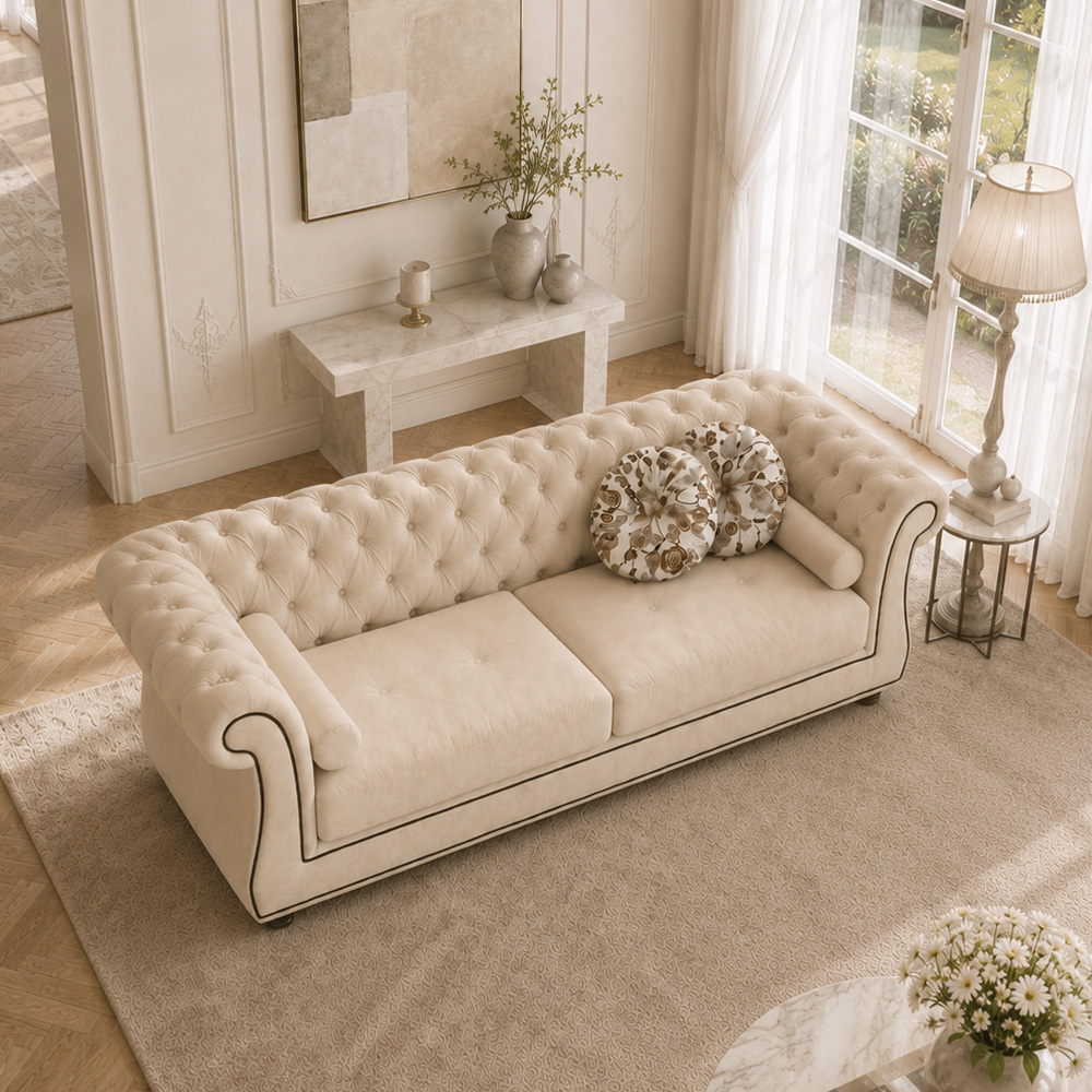 Cream Matte Frosted Fabric Chesterfield Three Piece Sofa Set