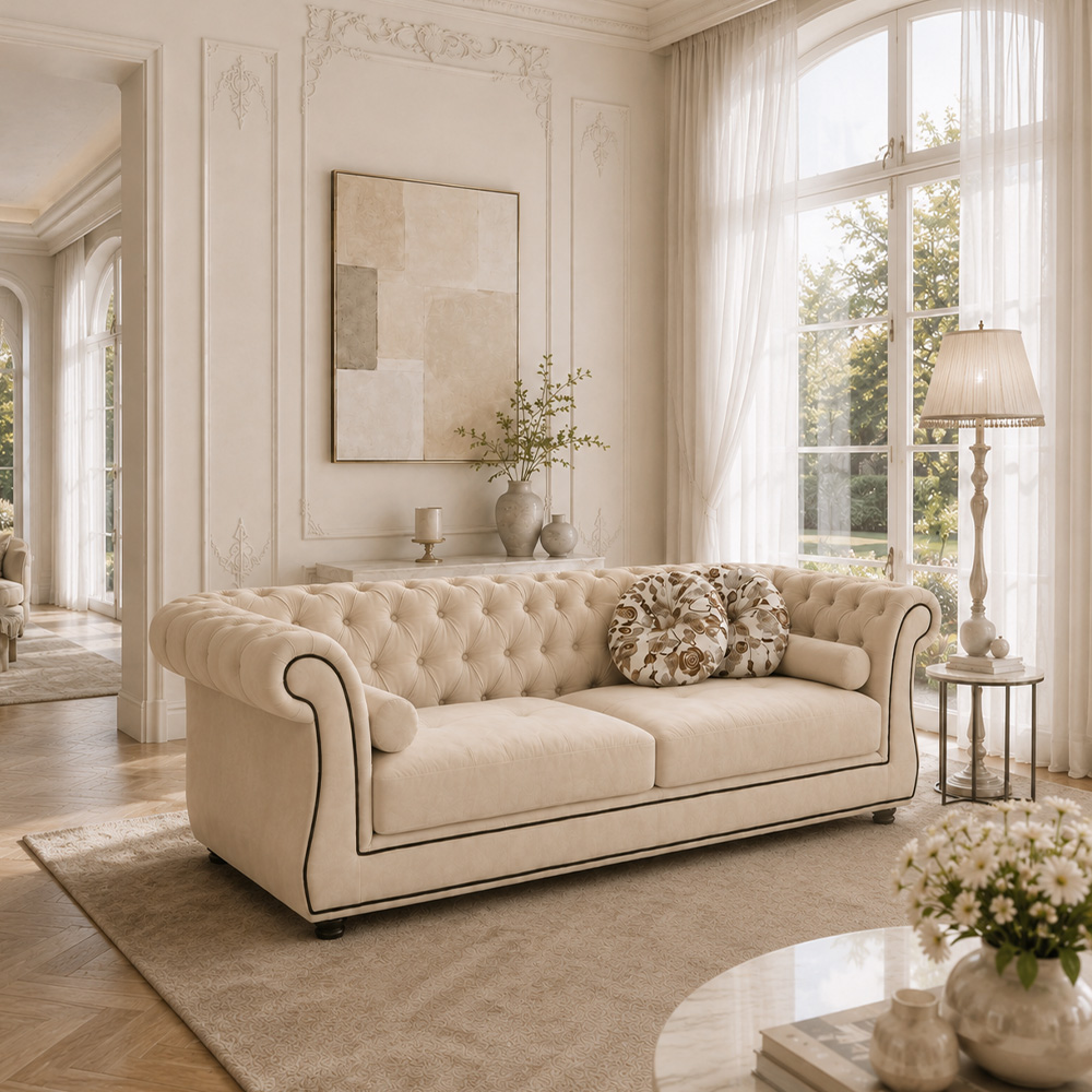 Cream Matte Frosted Fabric Chesterfield Three Piece Sofa Set