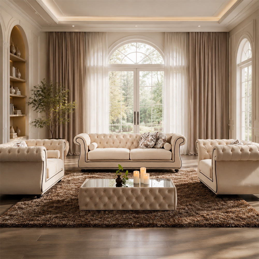 Cream Matte Frosted Fabric Chesterfield Three Piece Sofa Set