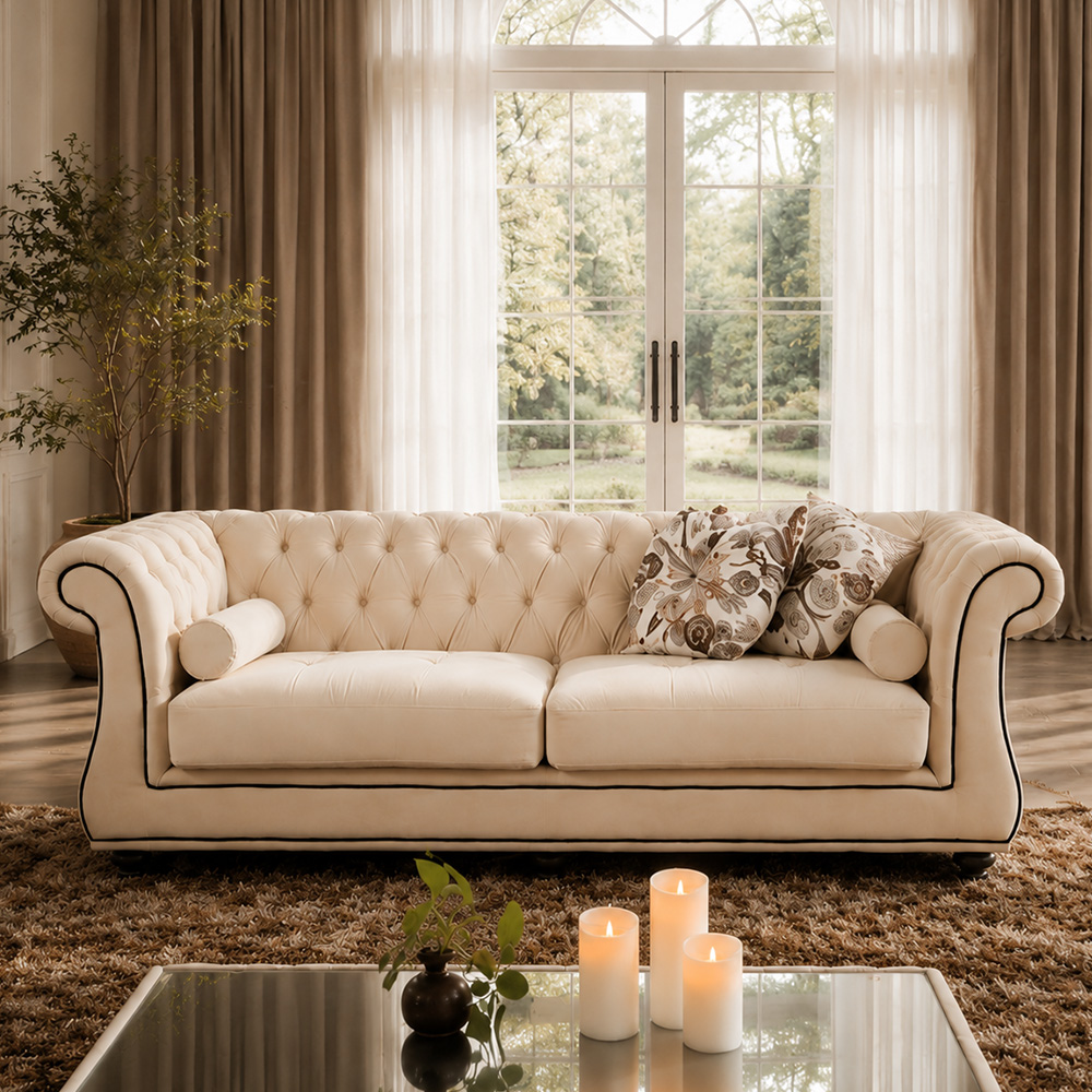 Cream Matte Frosted Fabric Chesterfield Three Piece Sofa Set