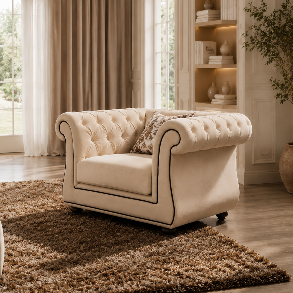 Cream Matte Frosted Fabric Chesterfield Three Piece Sofa Set