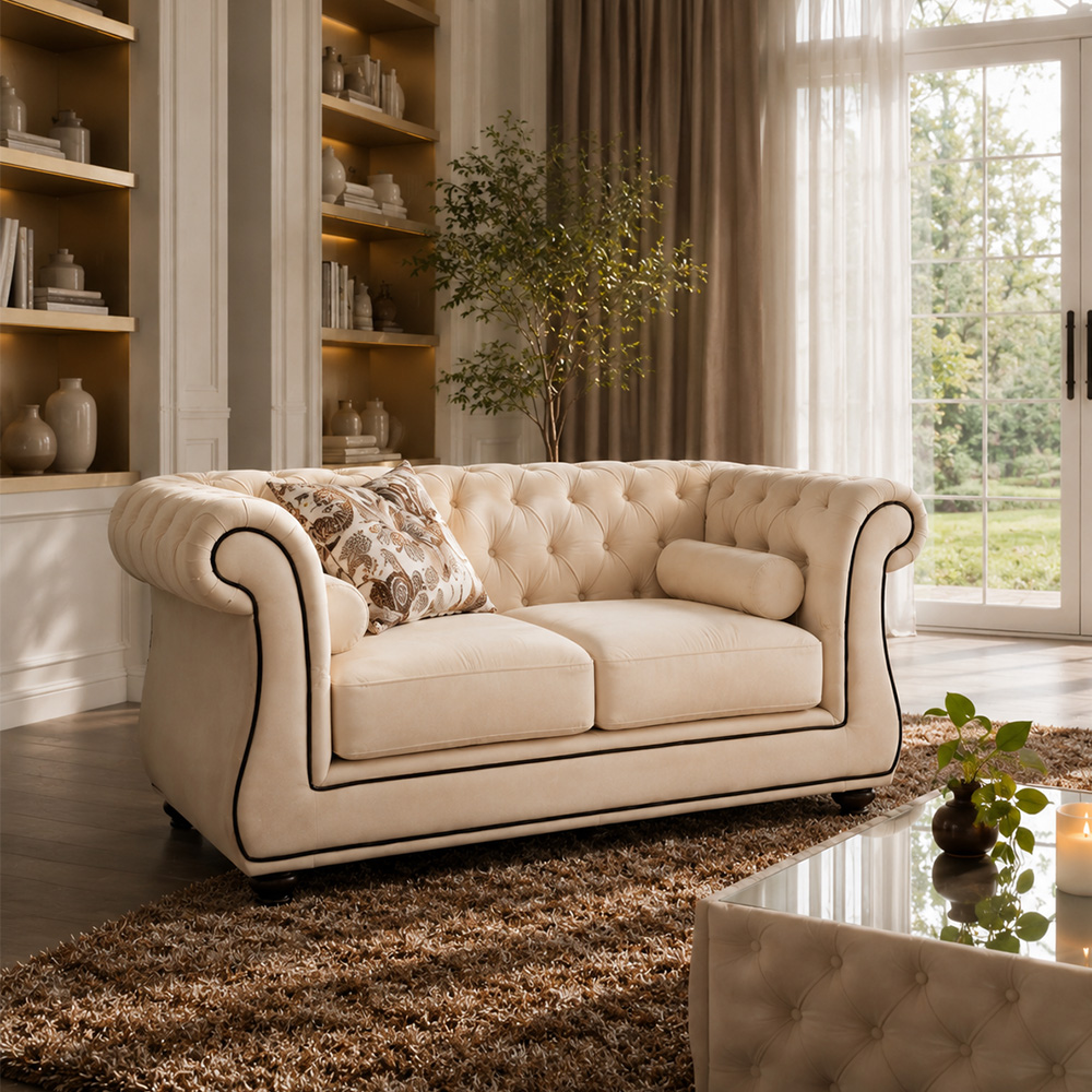 Cream Matte Frosted Fabric Chesterfield Three Piece Sofa Set