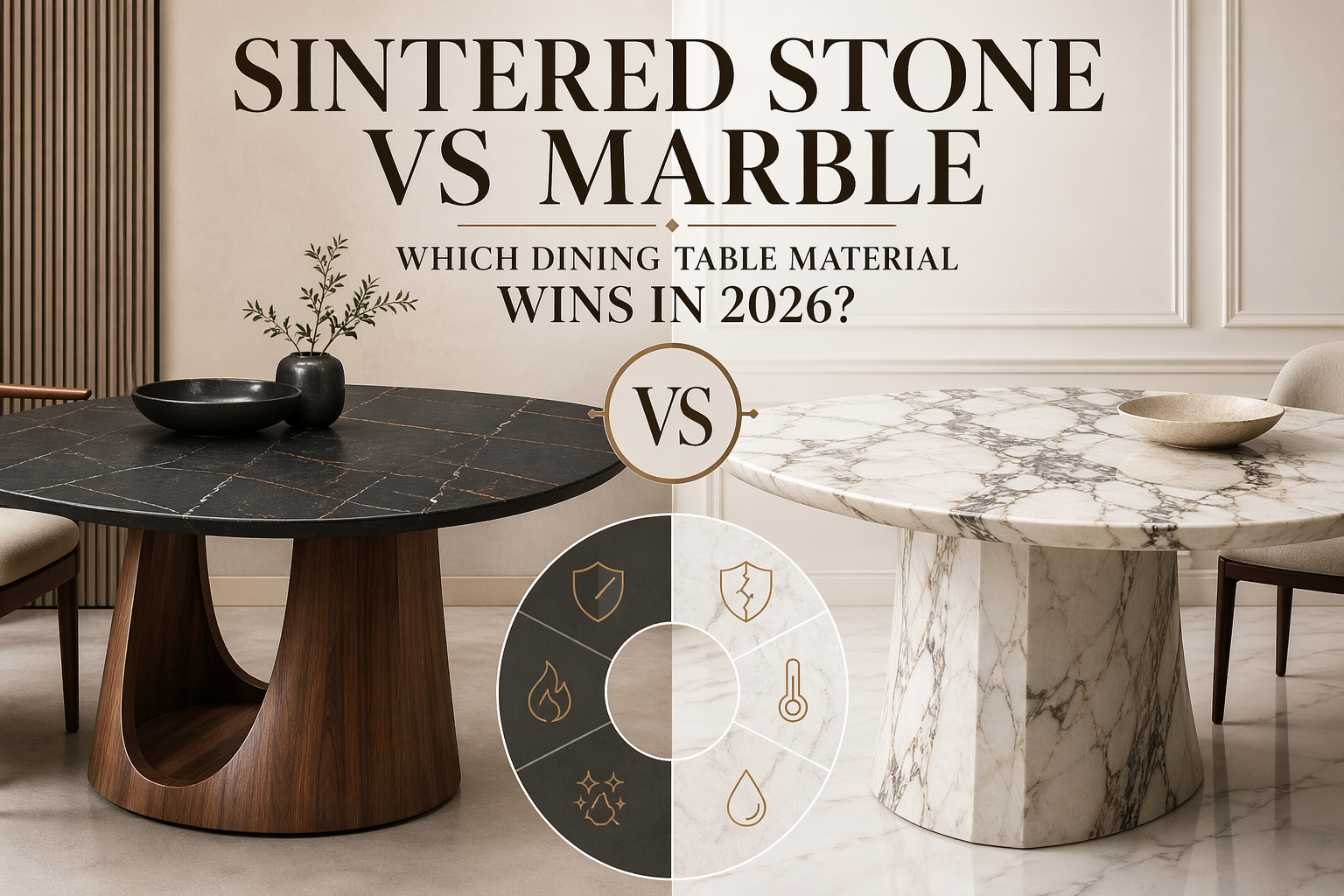 Sintered stone vs marble dining table comparison showing durability, heat resistance, and modern design differences in 2026
