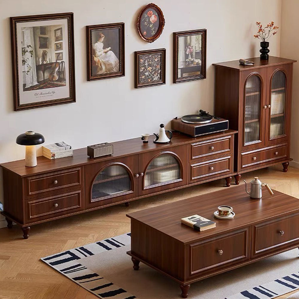 Vintage Walnut TV Stand with Arched Ribbed-Glass Doors & Storage