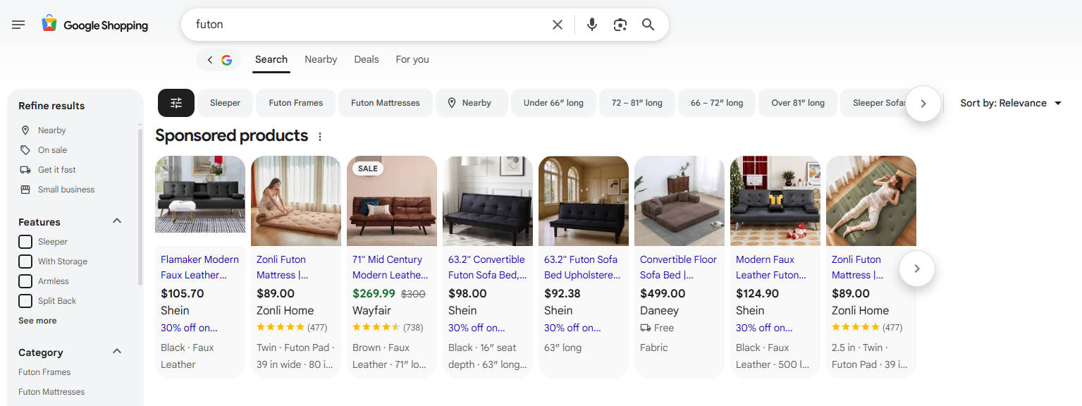 Search results for “futon” on Google