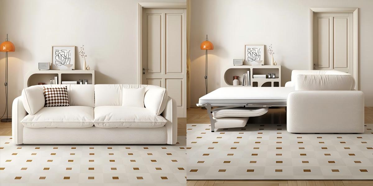 Modern white convertible sofa bed shown in folded sofa position and fully extended bed position, featuring a clean minimalist design with integrated mattress, ideal for small living spaces and multifunctional rooms.