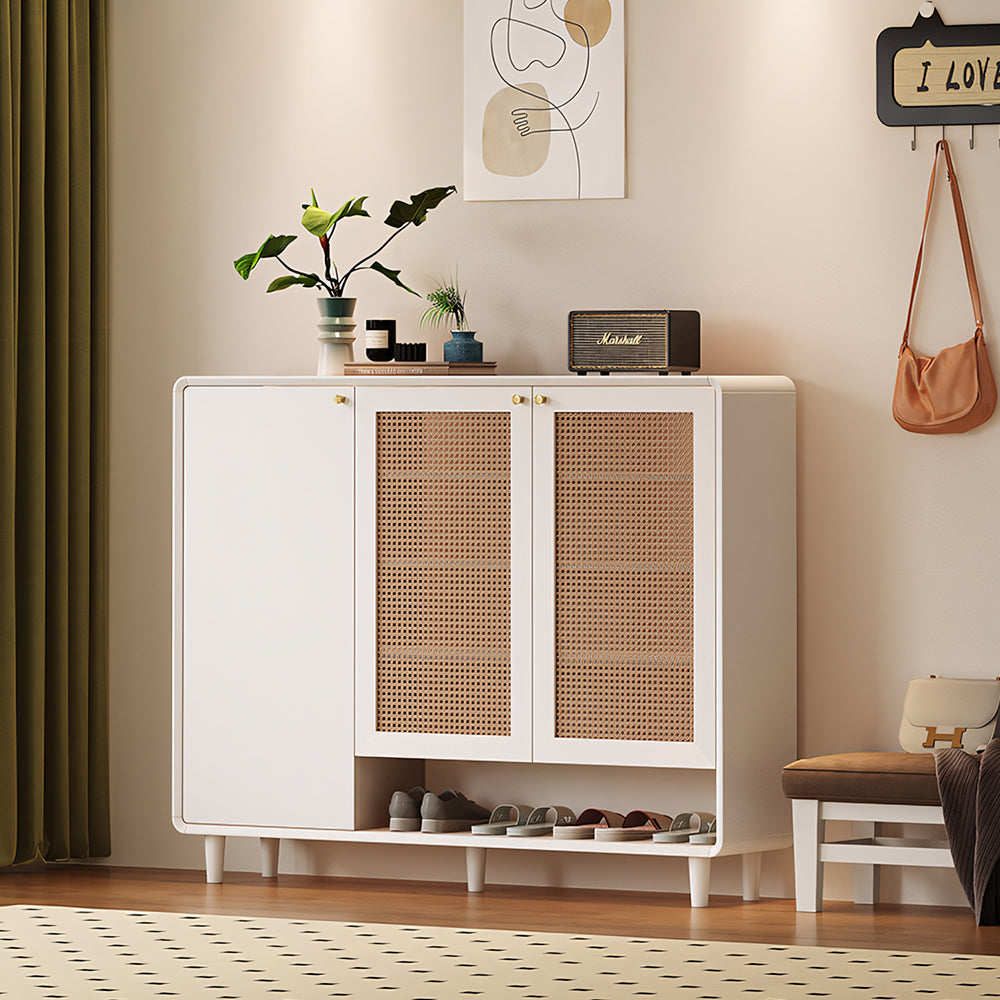 Mid-Century Rattan Shoe Cabinet with 2 Doors Walnut Wood Entryway Storage Organizer with Open Shelf