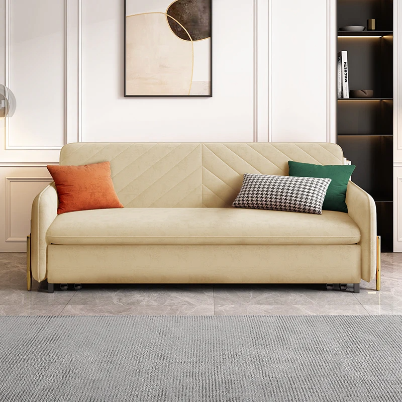 Sofa bed with thick padded cushions providing comfortable seating and sleeping