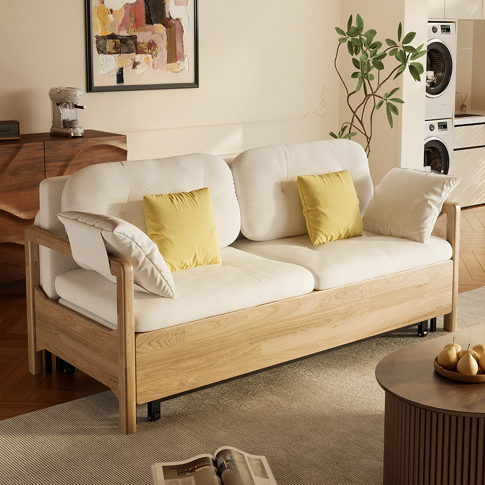 Living space featuring convertible fabric sofa bed with storage