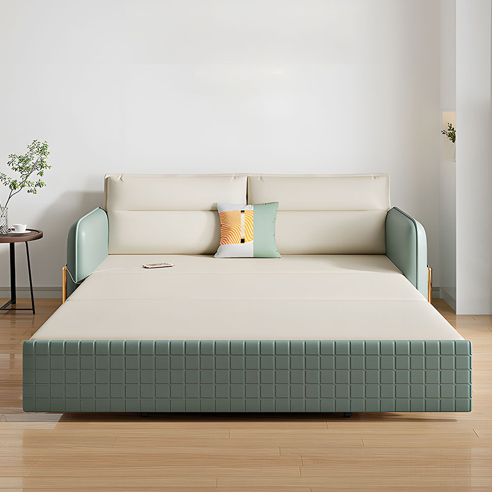 Contemporary sleeper sofa in smooth leather finish with plush cushions for space-saving comfort