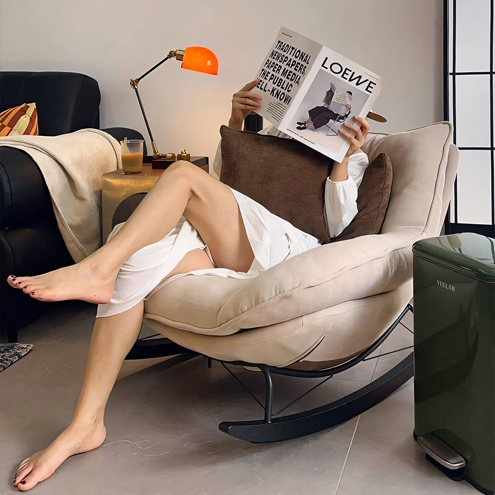 Modern Rocking Lounge Chair Upholstered Fabric Accent Chair with Curved Design and Metal Base