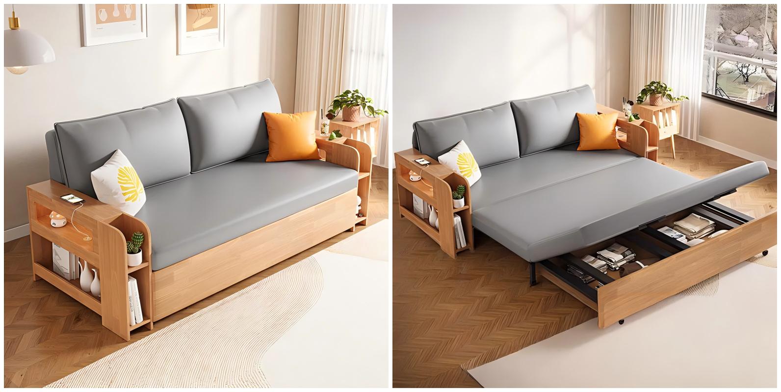 Contemporary gray foldable sofa bed with solid wood frame and built-in storage drawers, accented with yellow pillows and open arm shelves, perfect for modern multifunctional living spaces.