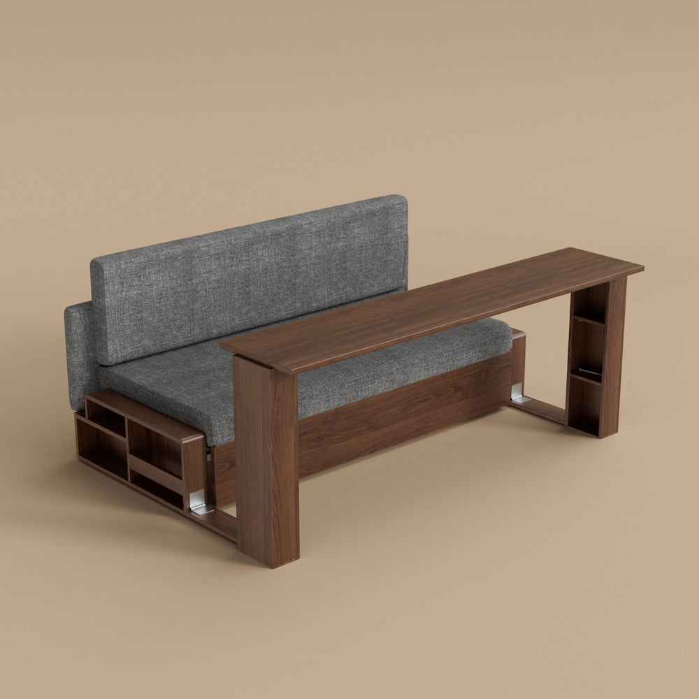 Overhead shot of sofa bed with lift-up seat showing space utilization