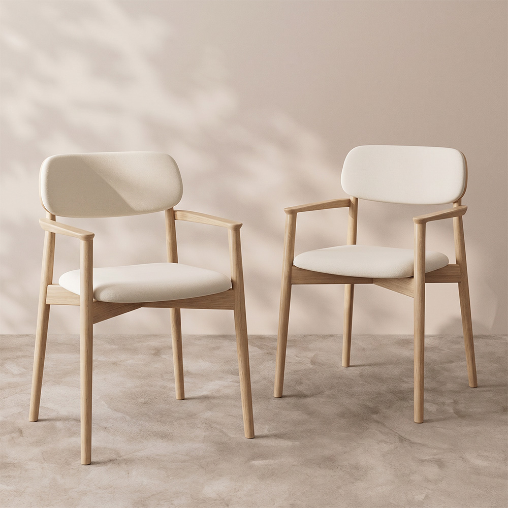 Natural Oak Frame Linen Faux Leather Armrest Nordic Dining Chair 1 Piece