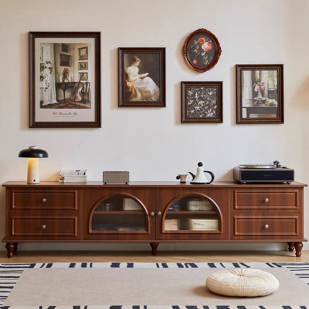 Vintage Walnut TV Stand with Arched Ribbed-Glass Doors & Storage