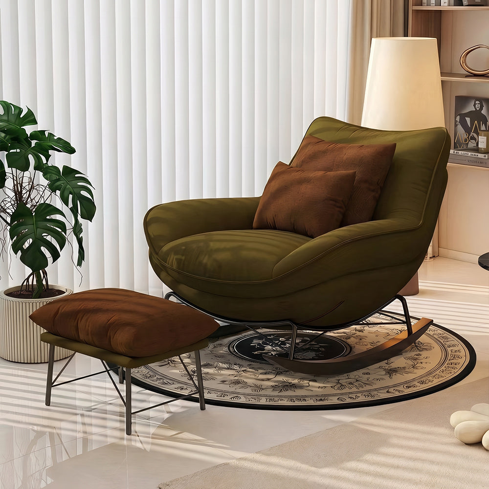 Modern Rocking Lounge Chair Upholstered Fabric Accent Chair with Curved Design and Metal Base