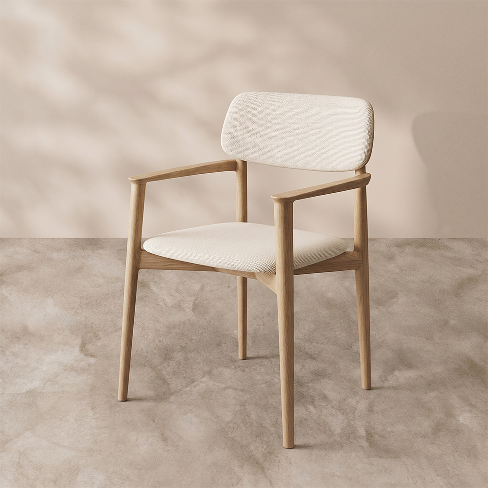 Natural Oak Frame Linen Faux Leather Armrest Nordic Dining Chair 1 Piece