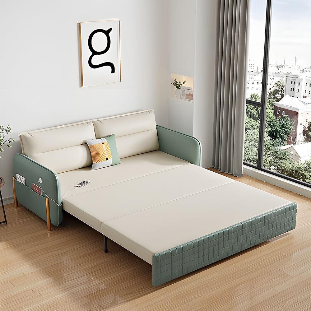 Side view of convertible sofa bed showing sleek minimalist silhouette and soft leather texture